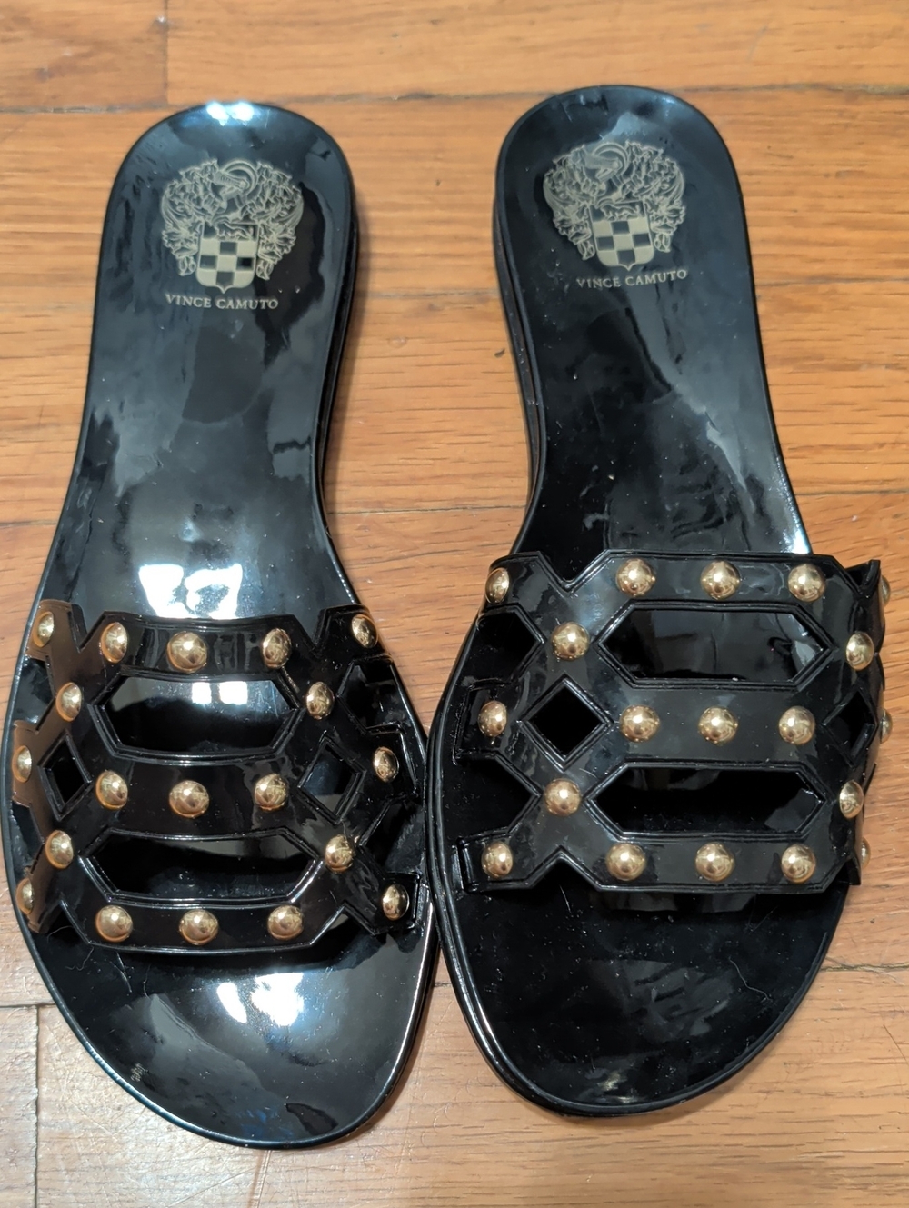 Vince Camuto Black Glossy Slide Sandals with Gold Studs